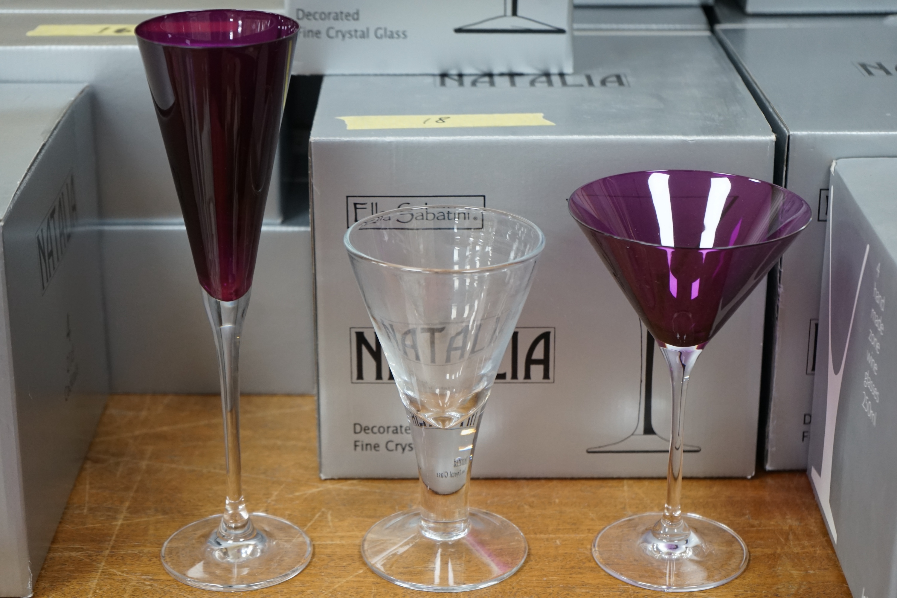 A suite of Ella Sabatini, Natalia fine crystal glasses to include cocktail, flute wine classes, boxed. Condition - good